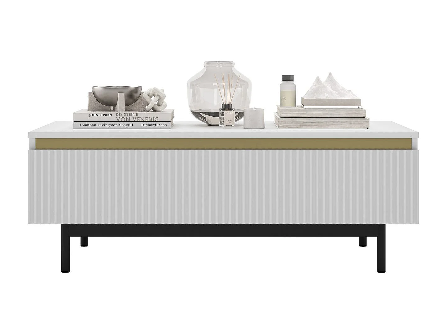 Prostokątny stolik kawowy w stylu glamour - Biały mat - 109 cm, elegancka metalowa konstrukcja