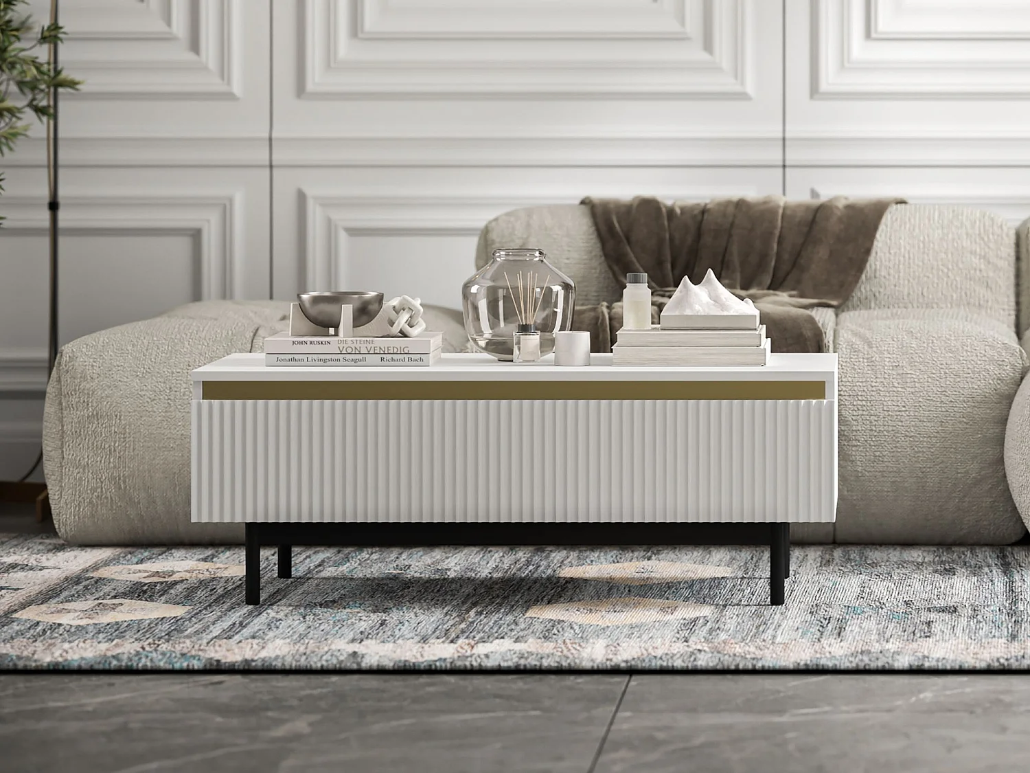 Prostokątny stolik kawowy w stylu glamour - Biały mat - 109 cm, elegancka metalowa konstrukcja