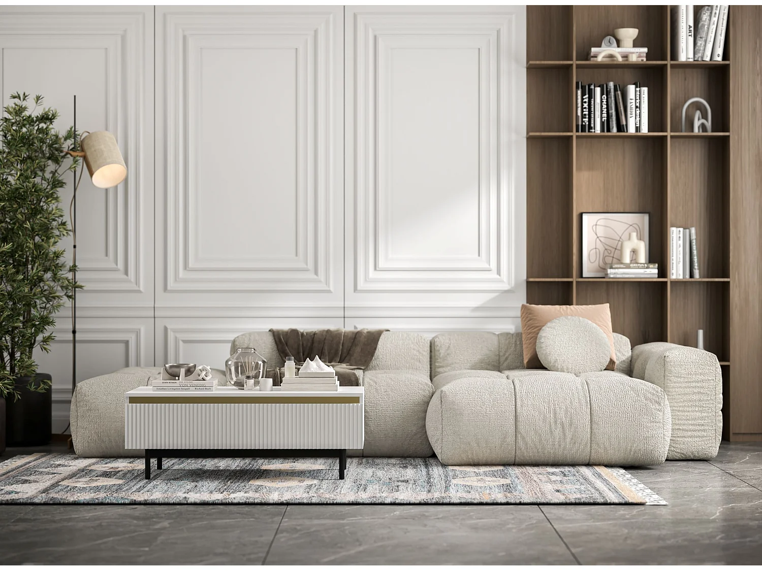 Prostokątny stolik kawowy w stylu glamour - Biały mat - 109 cm, elegancka metalowa konstrukcja