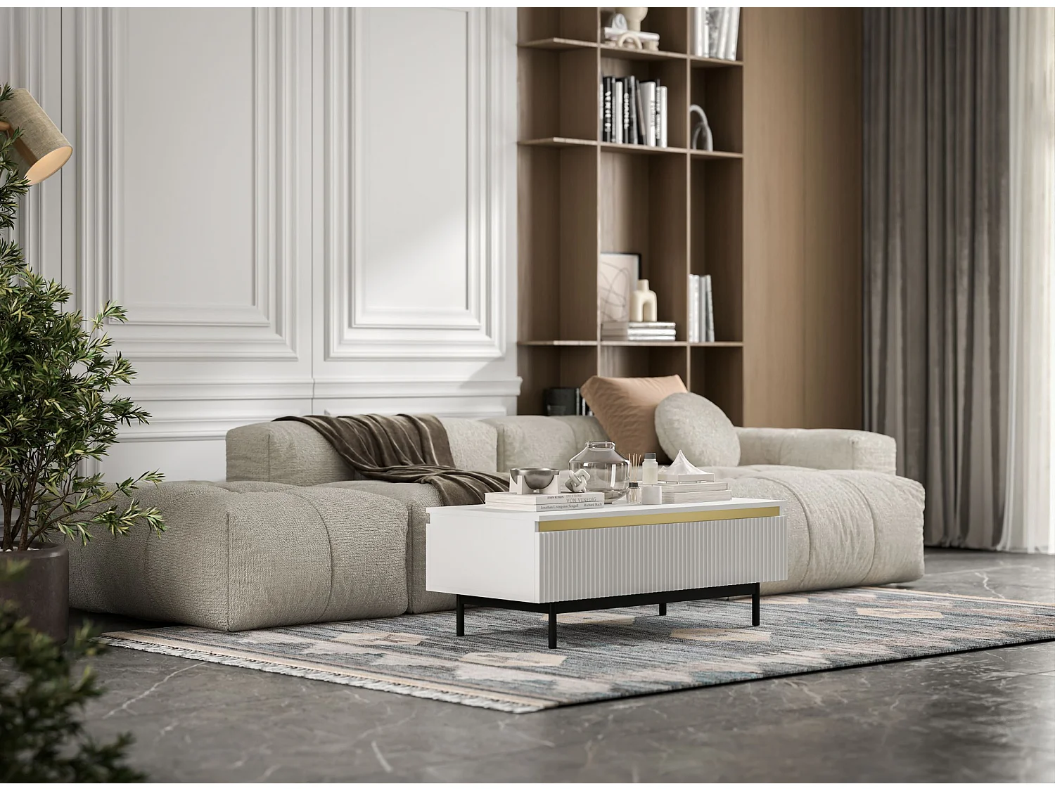 Prostokątny stolik kawowy w stylu glamour - Biały mat - 109 cm, elegancka metalowa konstrukcja