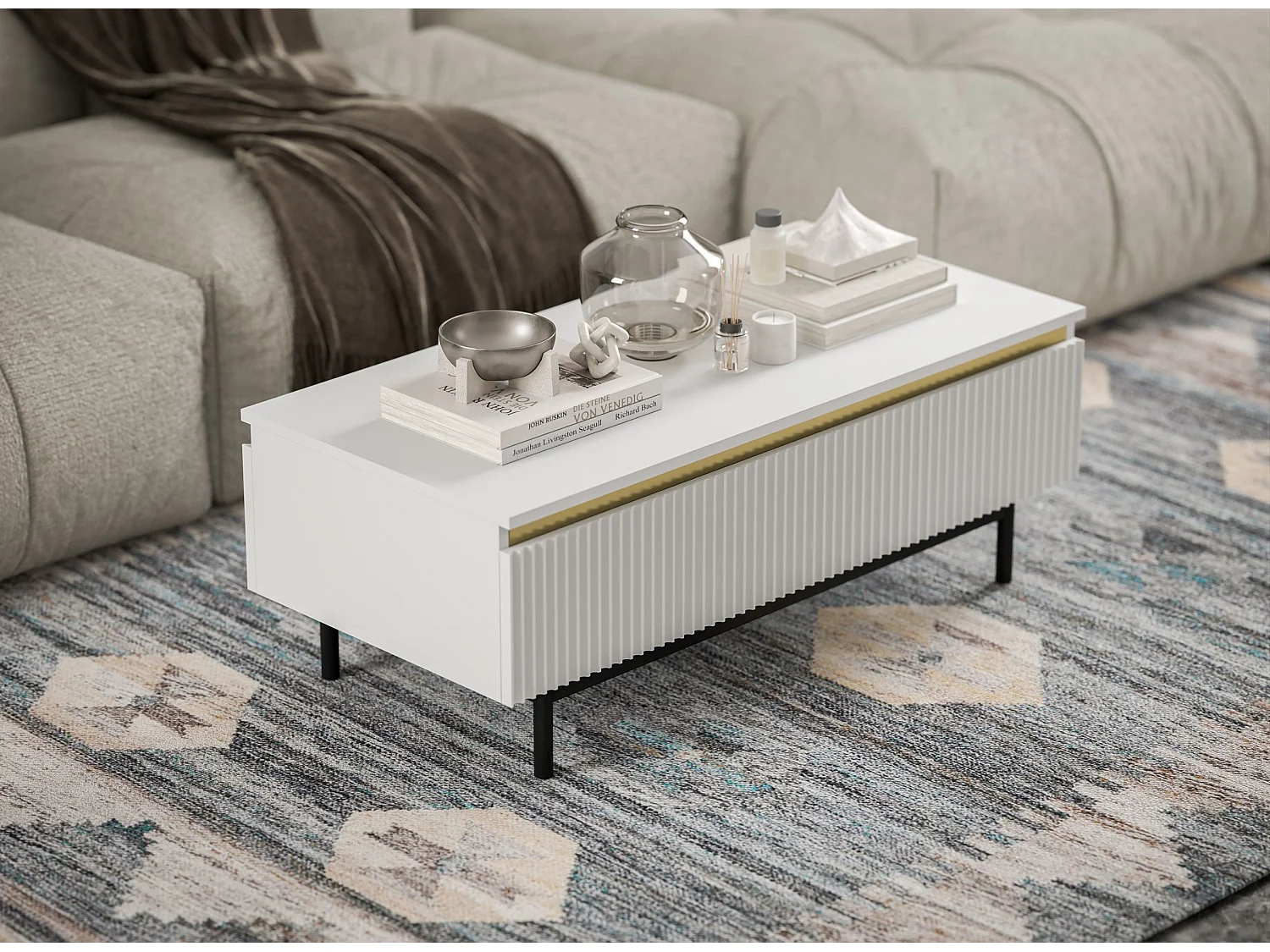 Prostokątny stolik kawowy w stylu glamour - Biały mat - 109 cm, elegancka metalowa konstrukcja