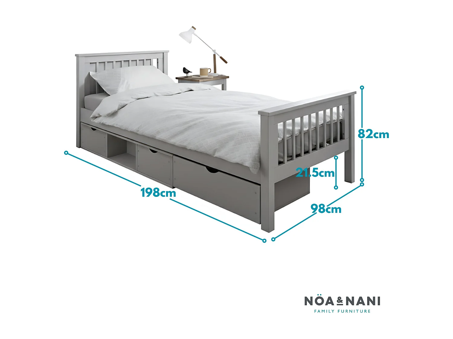 Noa & Nani Hampshire Single Bed Frame with Oda Drawers in Grey