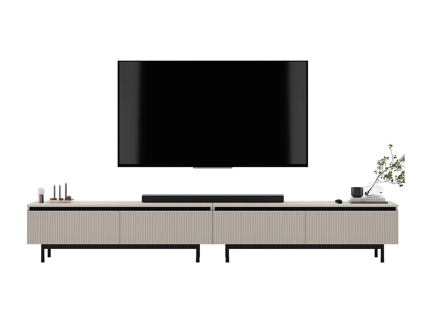 TV-Möbel mit 4 Türen – Korpus Kaschmir matt, geriffelte Fronten Kaschmir matt – 280 cm, schwarzer Metallrahmen