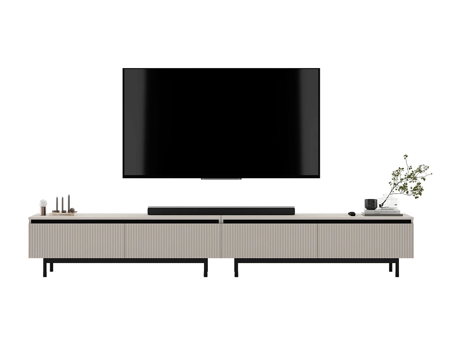 TV-Möbel mit 4 Türen – Korpus Kaschmir matt, geriffelte Fronten Kaschmir matt – 280 cm, schwarzer Metallrahmen