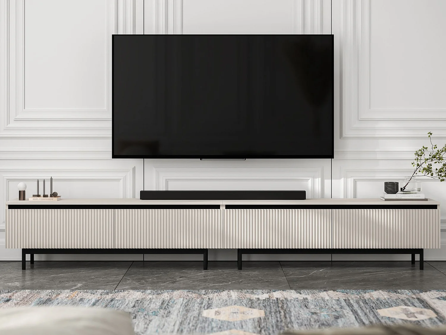 TV-Möbel mit 4 Türen – Korpus Kaschmir matt, geriffelte Fronten Kaschmir matt – 280 cm, schwarzer Metallrahmen
