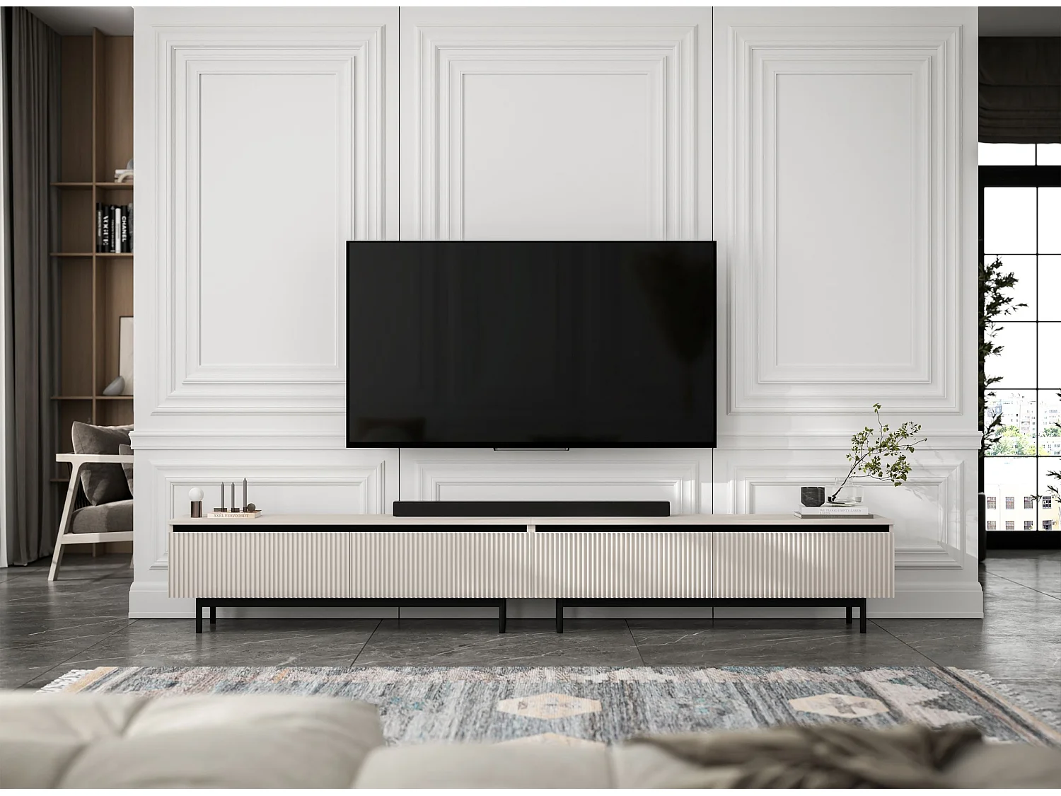 TV-Möbel mit 4 Türen – Korpus Kaschmir matt, geriffelte Fronten Kaschmir matt – 280 cm, schwarzer Metallrahmen