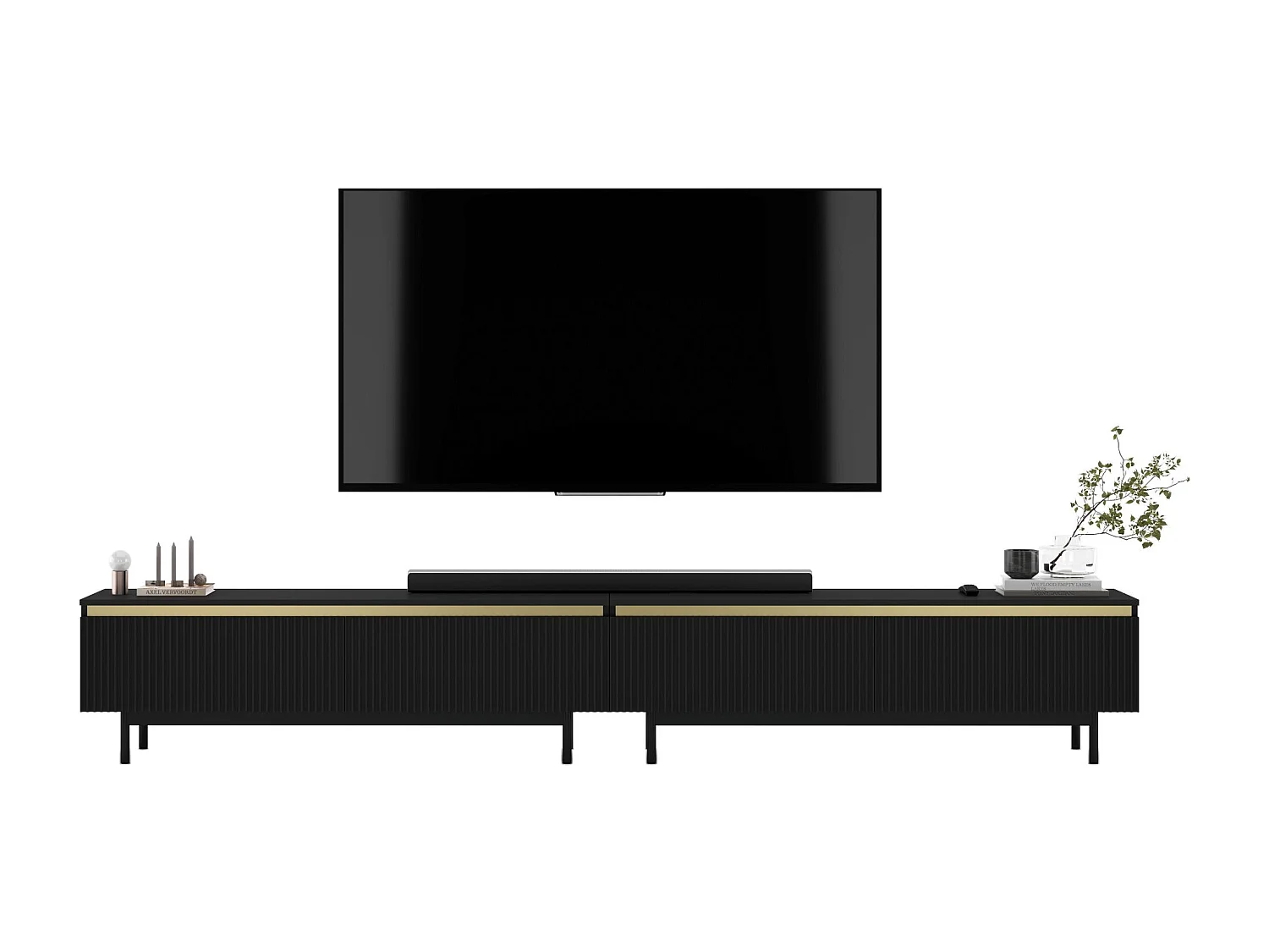 TV-Möbel mit 4 Türen – Korpus Schwarz matt, geriffelte Fronten Schwarz matt – 280 cm, schwarzer Metallrahmen