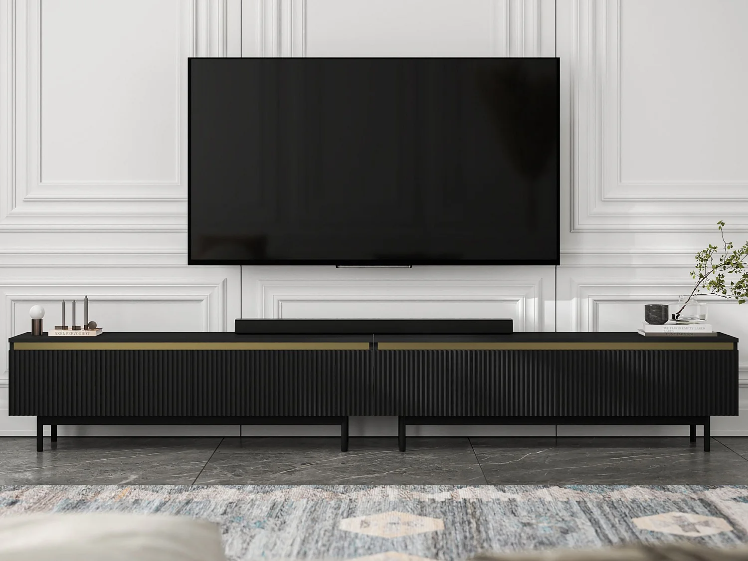 TV-Möbel mit 4 Türen – Korpus Schwarz matt, geriffelte Fronten Schwarz matt – 280 cm, schwarzer Metallrahmen