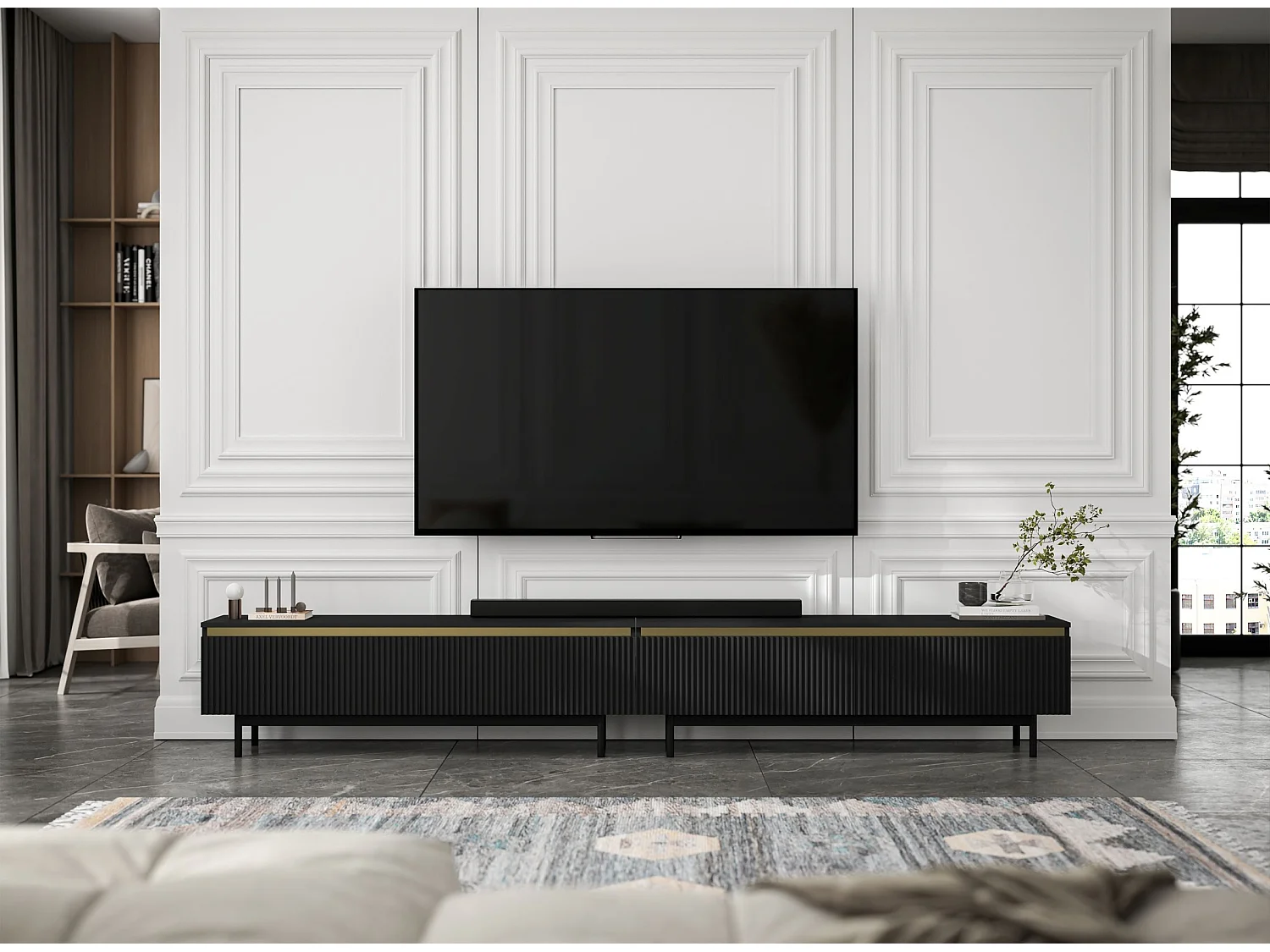 TV-Möbel mit 4 Türen – Korpus Schwarz matt, geriffelte Fronten Schwarz matt – 280 cm, schwarzer Metallrahmen