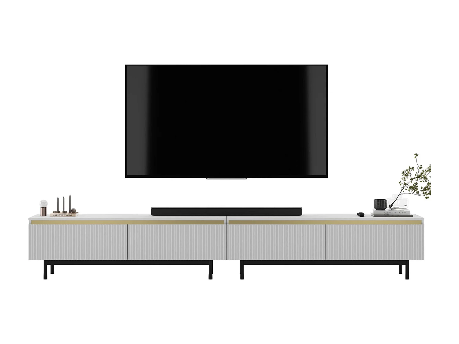 TV-Möbel mit 4 Türen – Korpus Weiß matt, geriffelte Fronten Weiß matt – 280 cm, schwarzer Metallrahmen