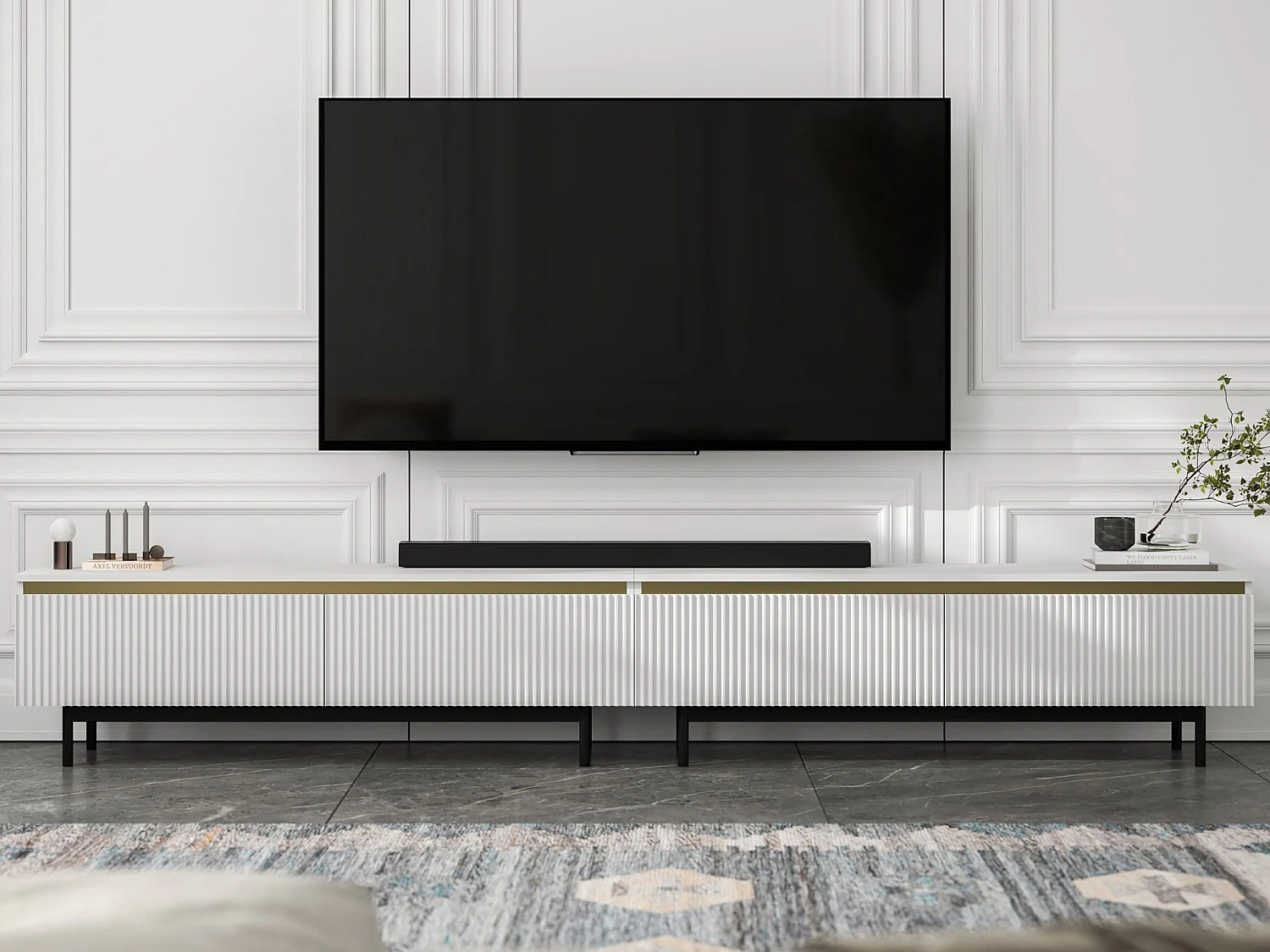 TV-Möbel mit 4 Türen – Korpus Weiß matt, geriffelte Fronten Weiß matt – 280 cm, schwarzer Metallrahmen