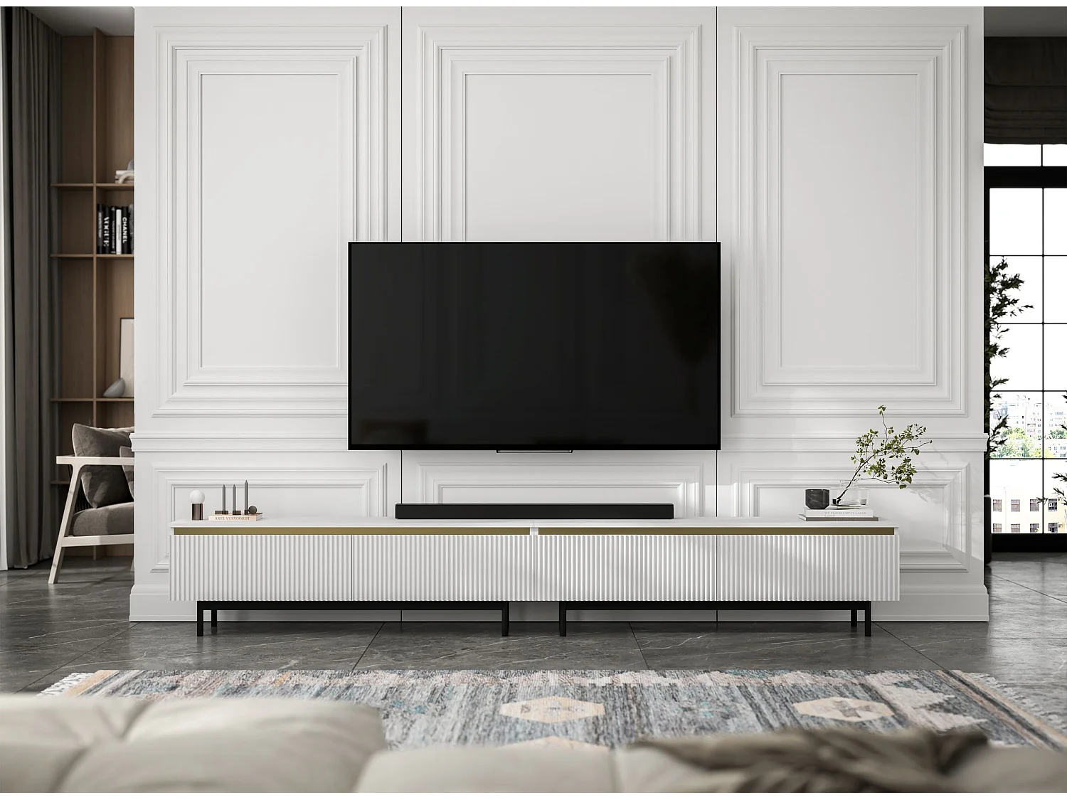TV-Möbel mit 4 Türen – Korpus Weiß matt, geriffelte Fronten Weiß matt – 280 cm, schwarzer Metallrahmen