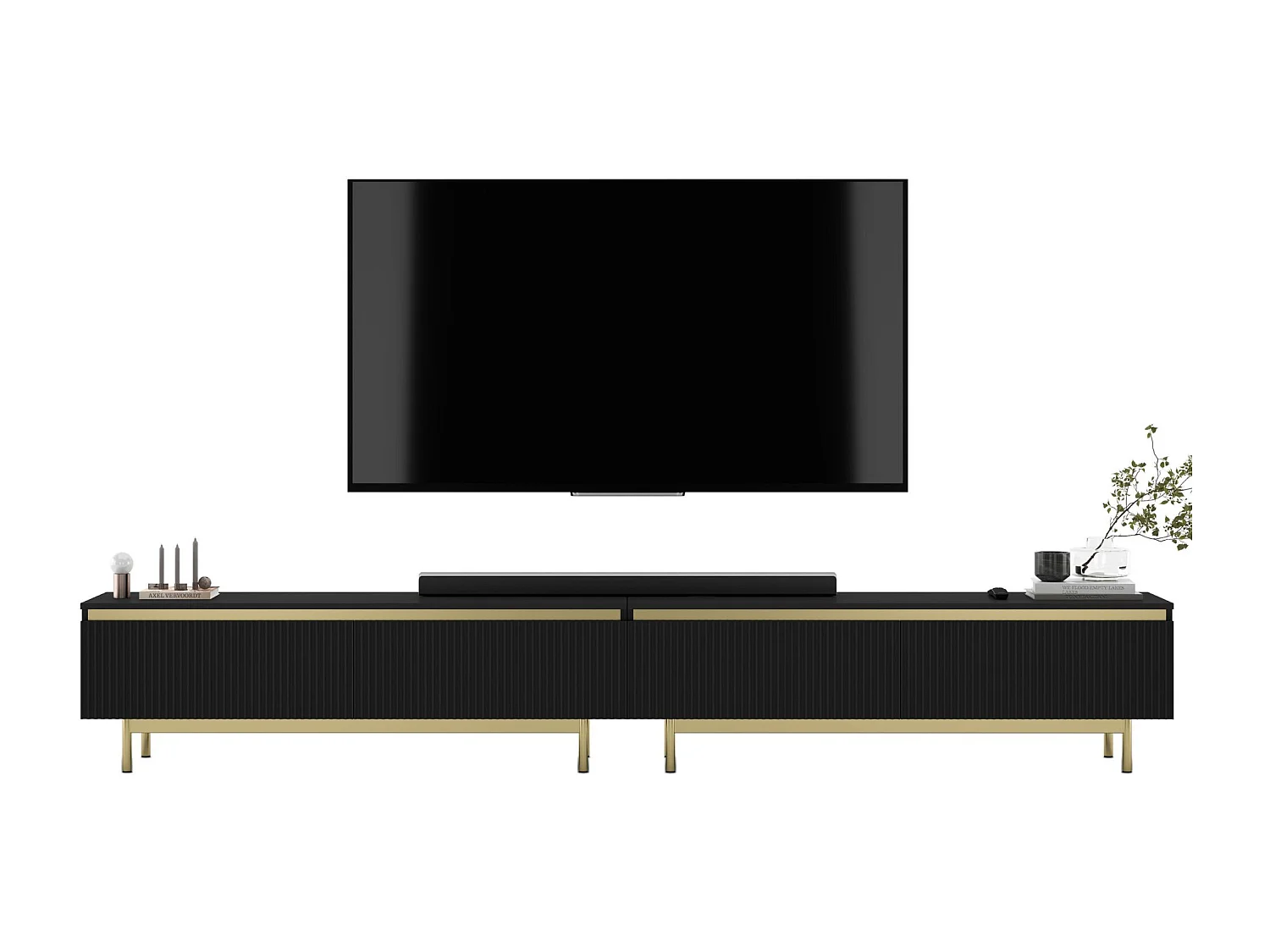 TV-Möbel mit 4 Türen – Korpus Schwarz matt, geriffelte Fronten Schwarz matt – 280 cm, goldener Metallrahmen
