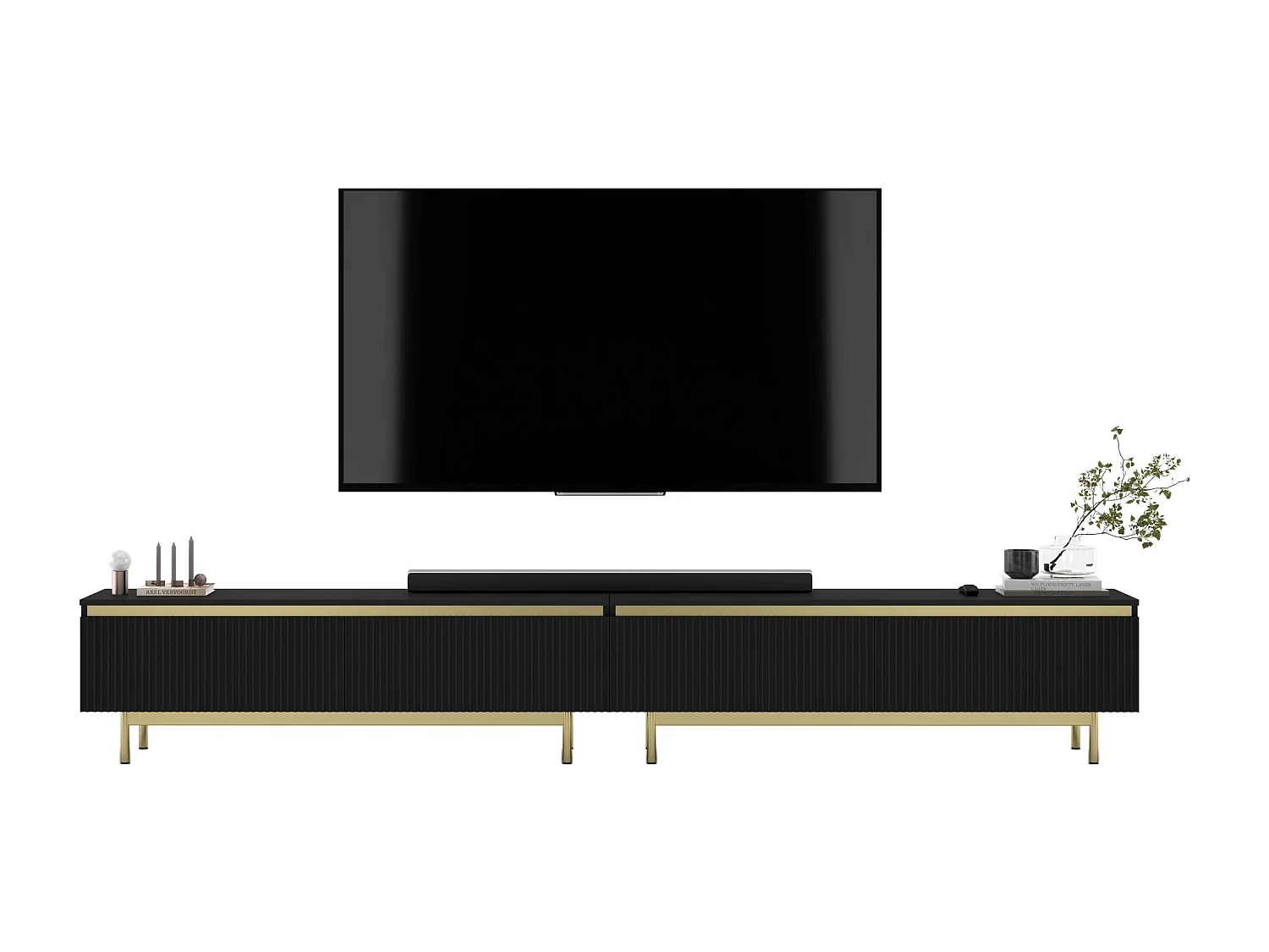 TV-Möbel mit 4 Türen – Korpus Schwarz matt, geriffelte Fronten Schwarz matt – 280 cm, goldener Metallrahmen