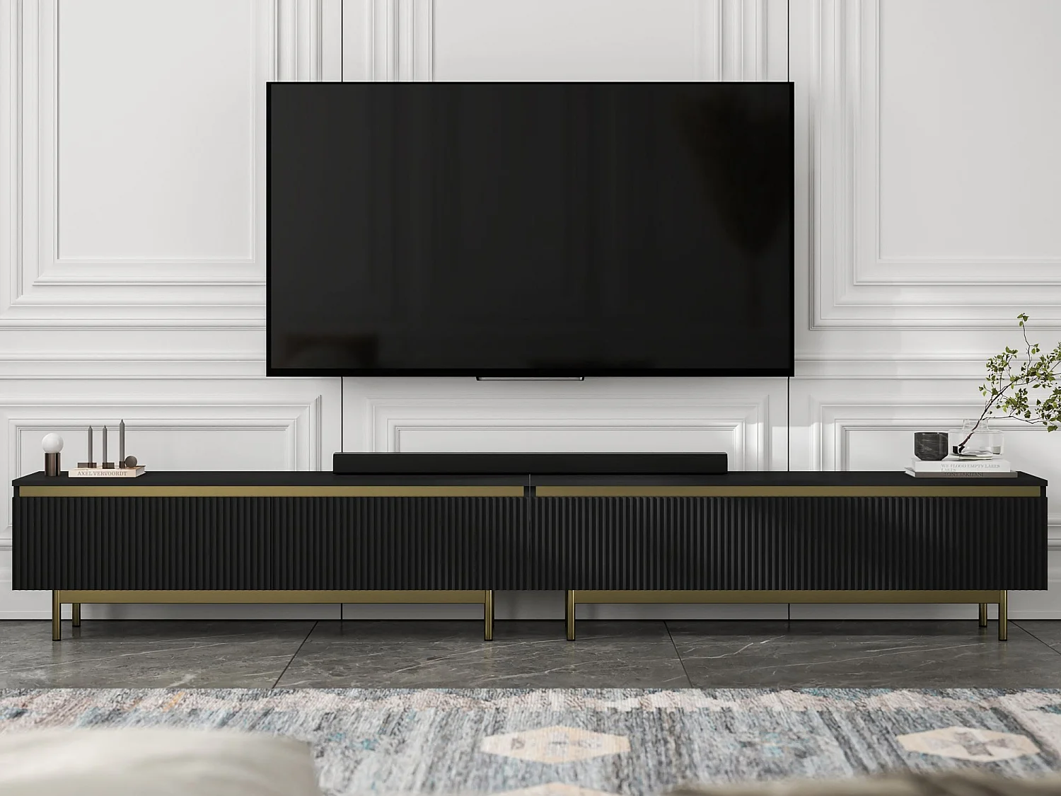 TV-Möbel mit 4 Türen – Korpus Schwarz matt, geriffelte Fronten Schwarz matt – 280 cm, goldener Metallrahmen
