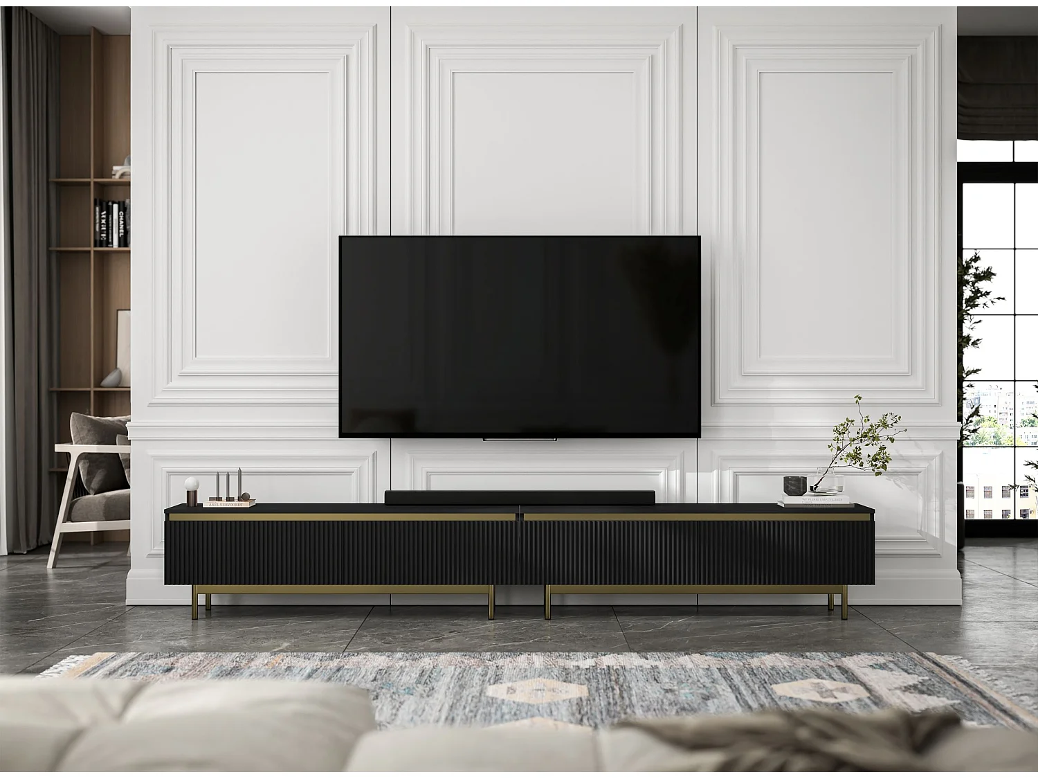 TV-Möbel mit 4 Türen – Korpus Schwarz matt, geriffelte Fronten Schwarz matt – 280 cm, goldener Metallrahmen