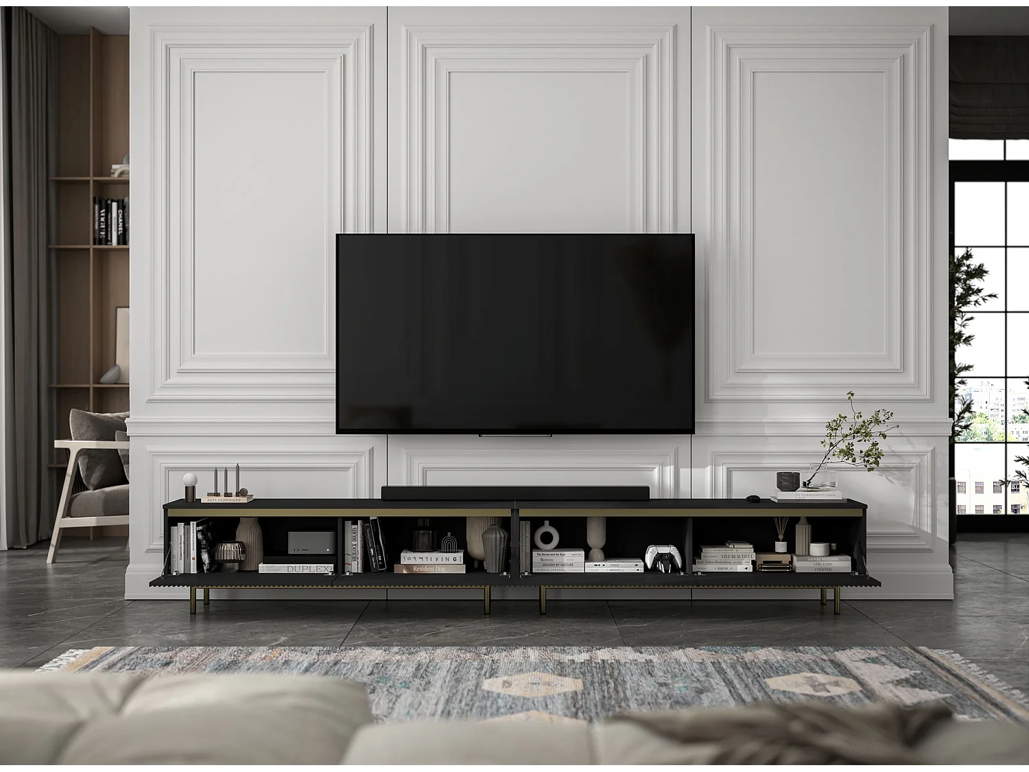 TV-Möbel mit 4 Türen – Korpus Schwarz matt, geriffelte Fronten Schwarz matt – 280 cm, goldener Metallrahmen