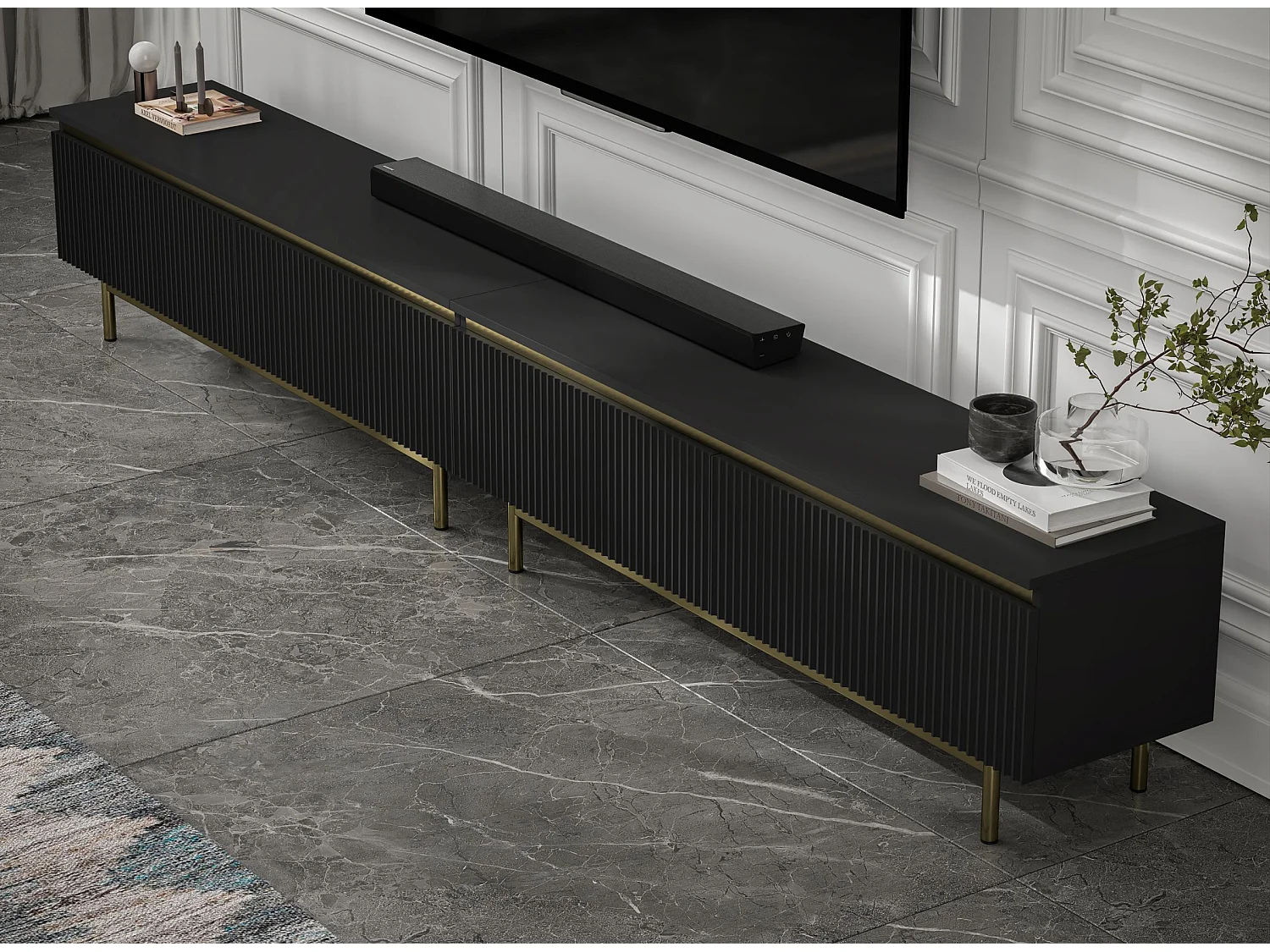 TV-Möbel mit 4 Türen – Korpus Schwarz matt, geriffelte Fronten Schwarz matt – 280 cm, goldener Metallrahmen