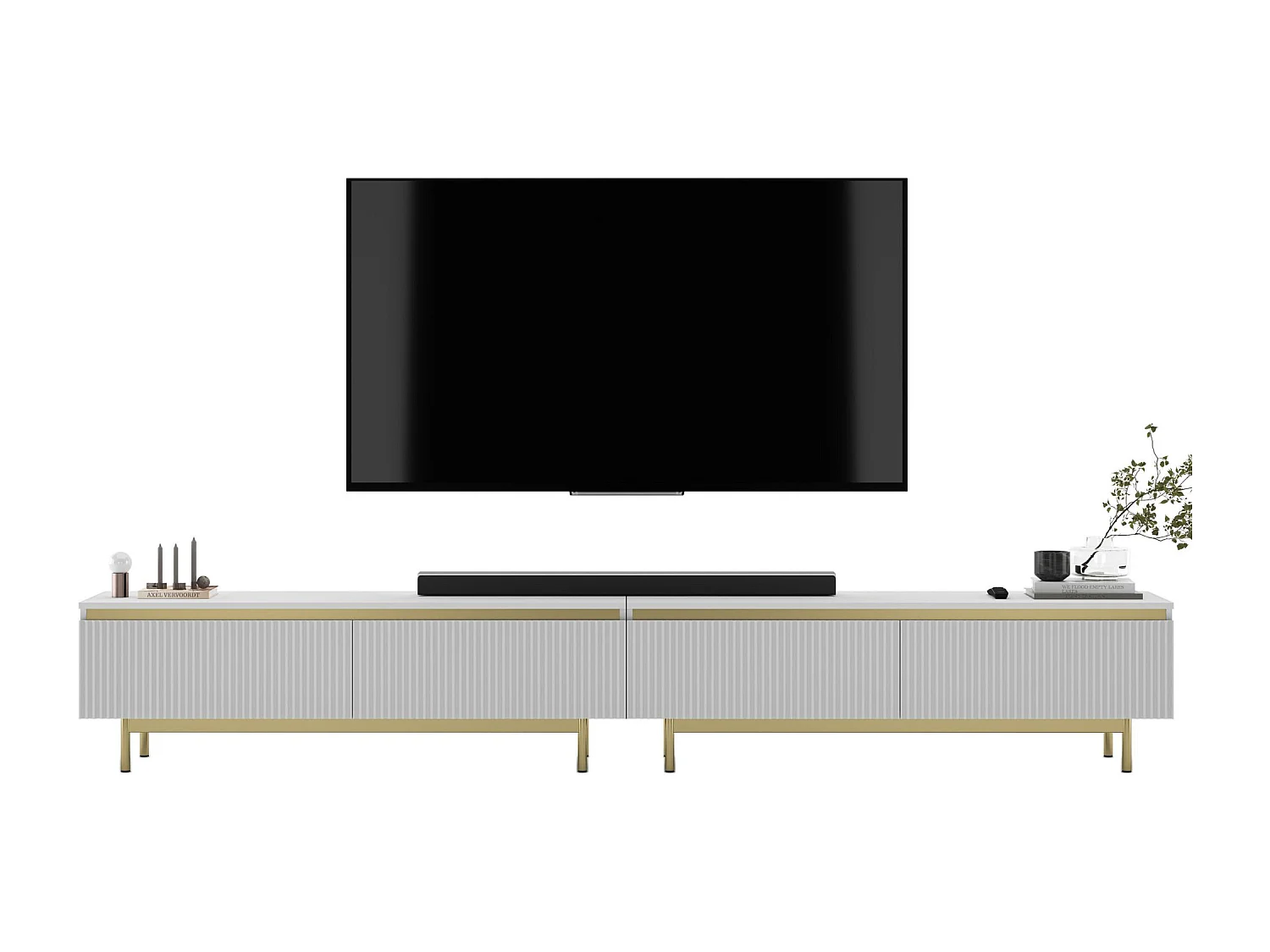 TV-Möbel mit 4 Türen – Korpus Weiß matt, geriffelte Fronten Weiß matt – 280 cm, goldener Metallrahmen