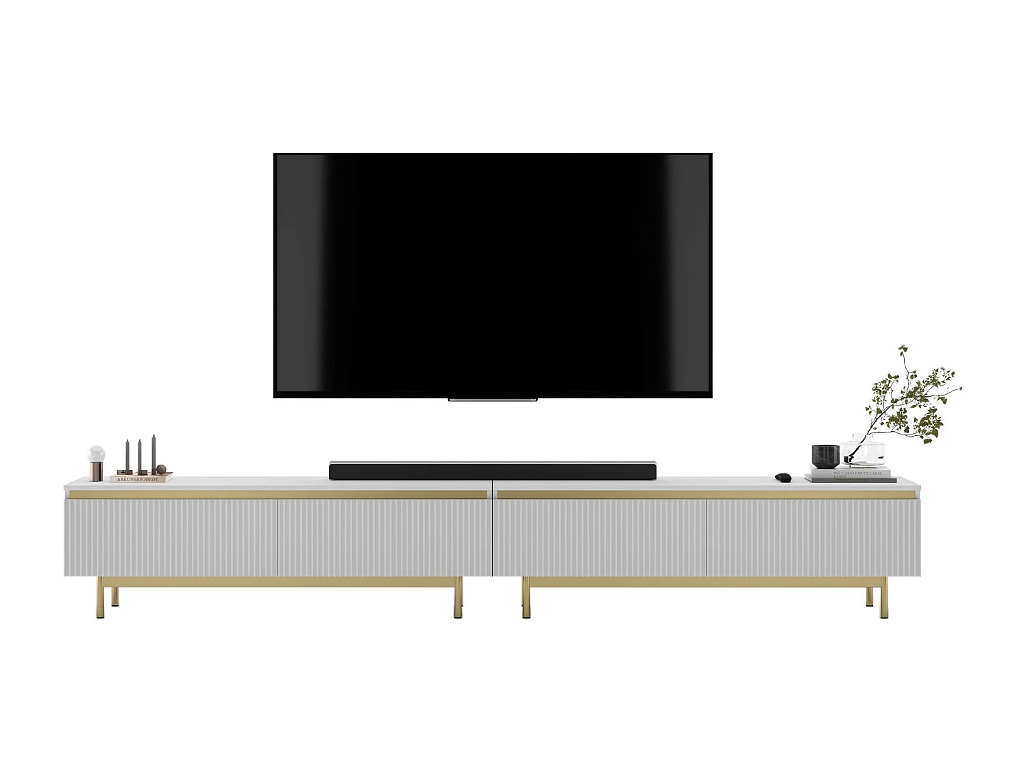 TV-Möbel mit 4 Türen – Korpus Weiß matt, geriffelte Fronten Weiß matt – 280 cm, goldener Metallrahmen