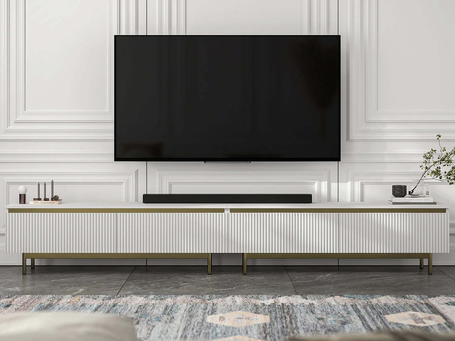 TV-Möbel mit 4 Türen – Korpus Weiß matt, geriffelte Fronten Weiß matt – 280 cm, goldener Metallrahmen