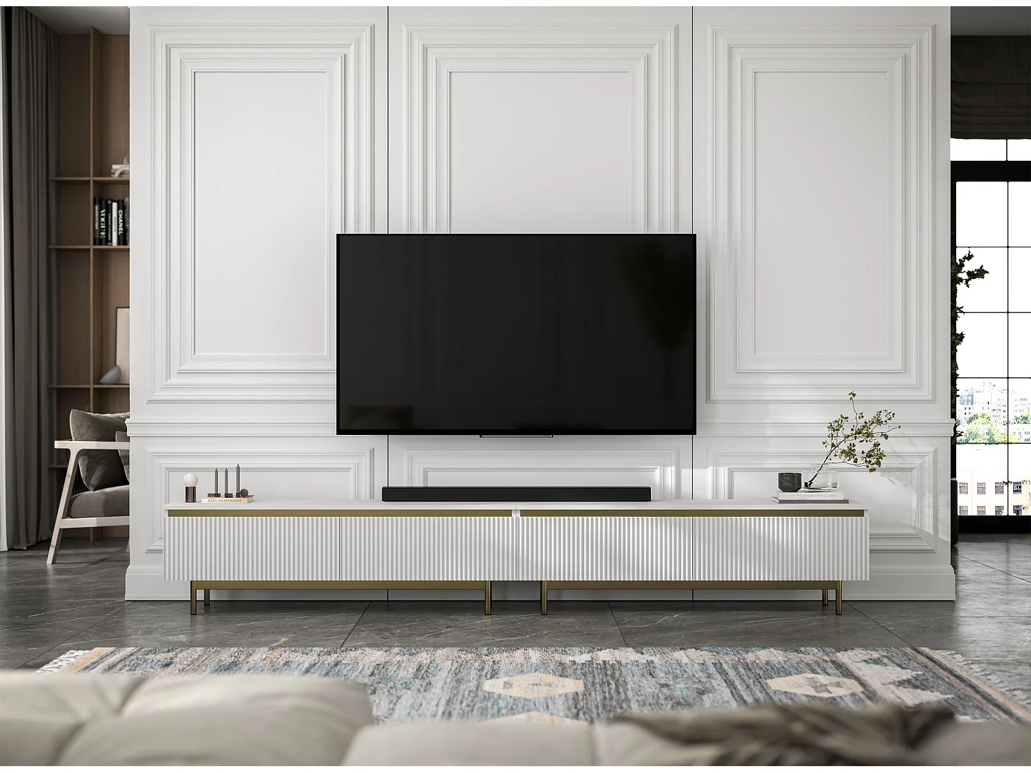 TV-Möbel mit 4 Türen – Korpus Weiß matt, geriffelte Fronten Weiß matt – 280 cm, goldener Metallrahmen