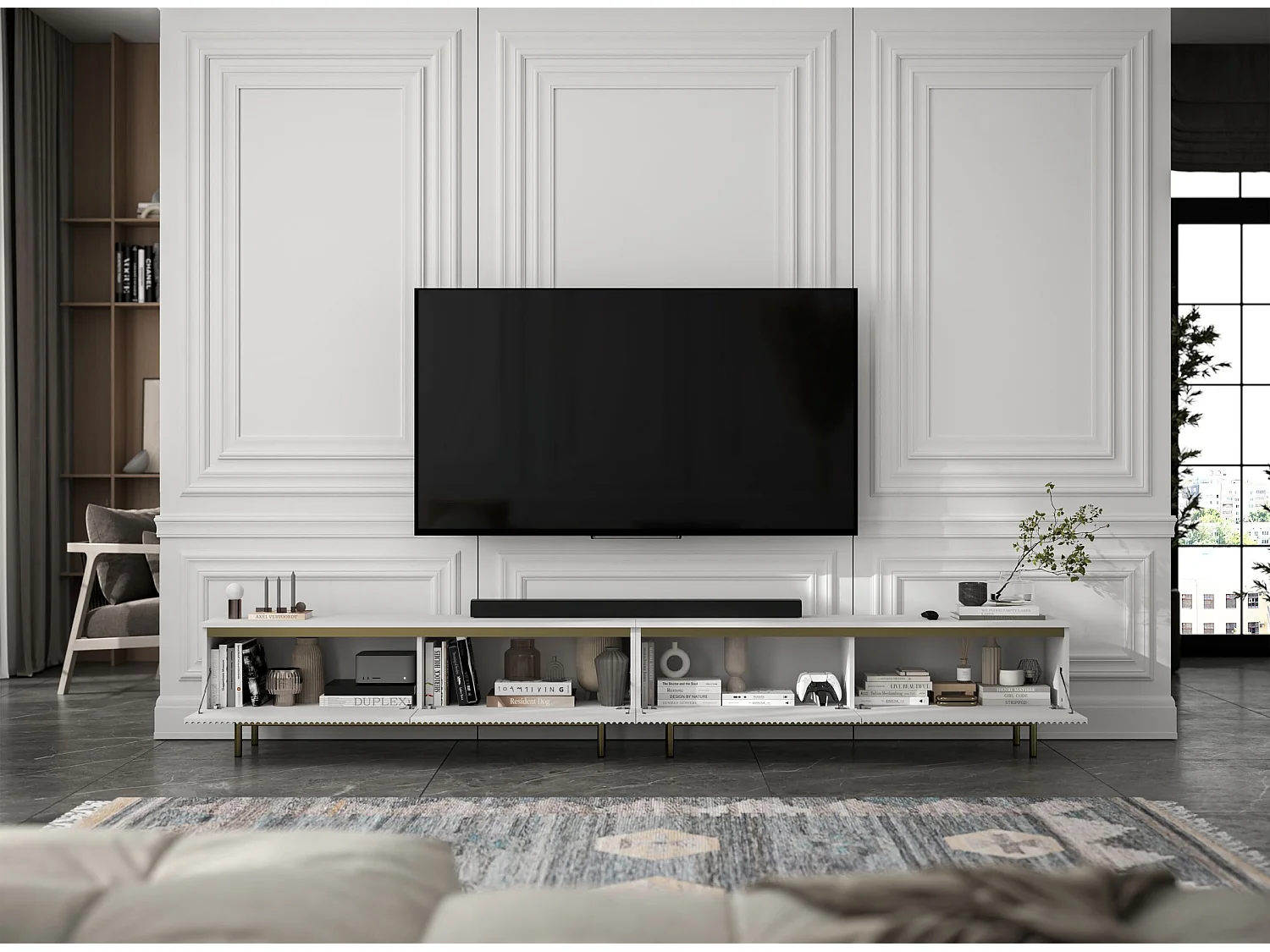 TV-Möbel mit 4 Türen – Korpus Weiß matt, geriffelte Fronten Weiß matt – 280 cm, goldener Metallrahmen