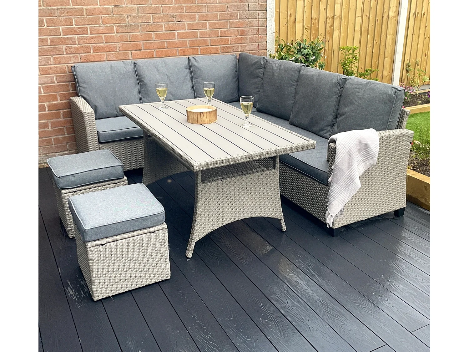 York 8 Seat Rattan Corner Sofa Dining Set - Light Grey