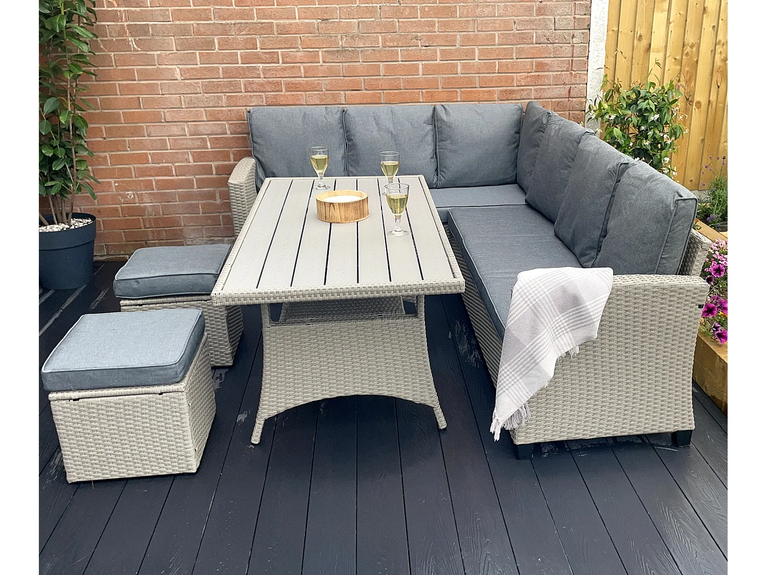 York 8 Seat Rattan Corner Sofa Dining Set - Light Grey