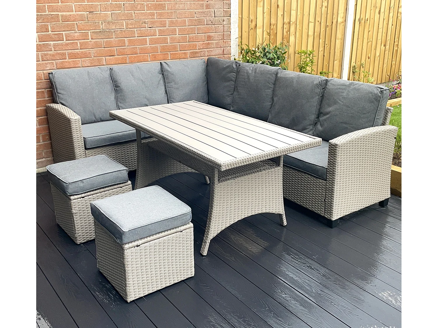 York 8 Seat Rattan Corner Sofa Dining Set - Light Grey