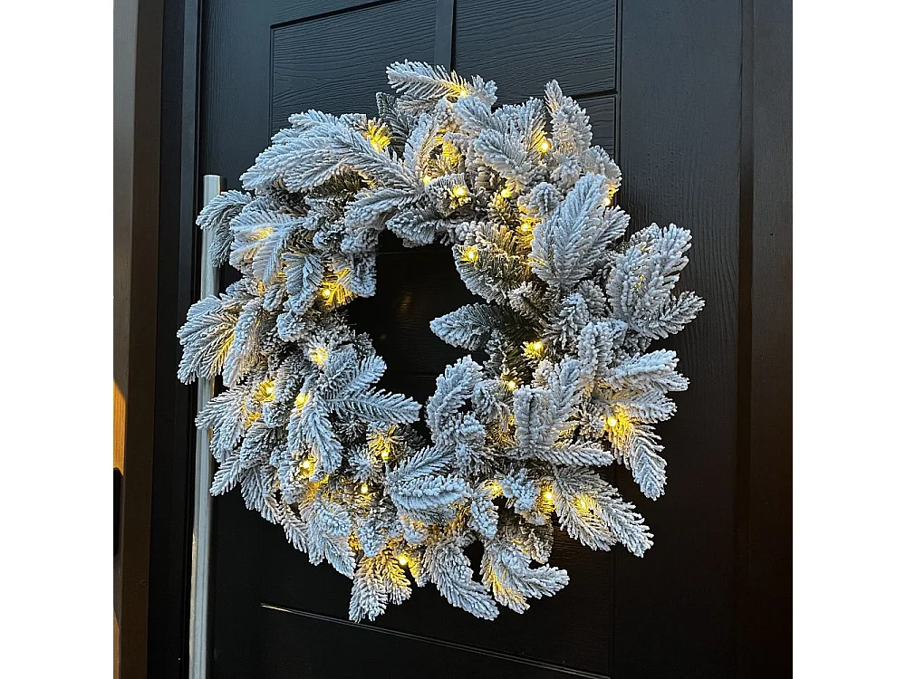 60cm Premium Mixed branch prelit Snow Flocked Christmas Wreath - with timer