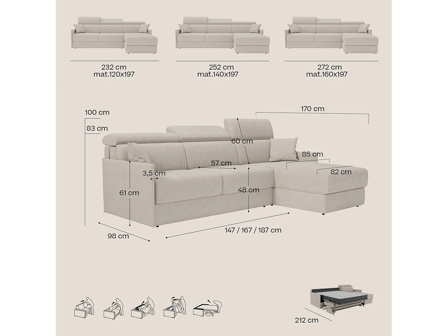 Miryam Ecksofa mit Matratze mit verstellbaren Kopfstützen aus weichem, fleckenabweisendem Stoff T31 232 cm links anthrazitgrau