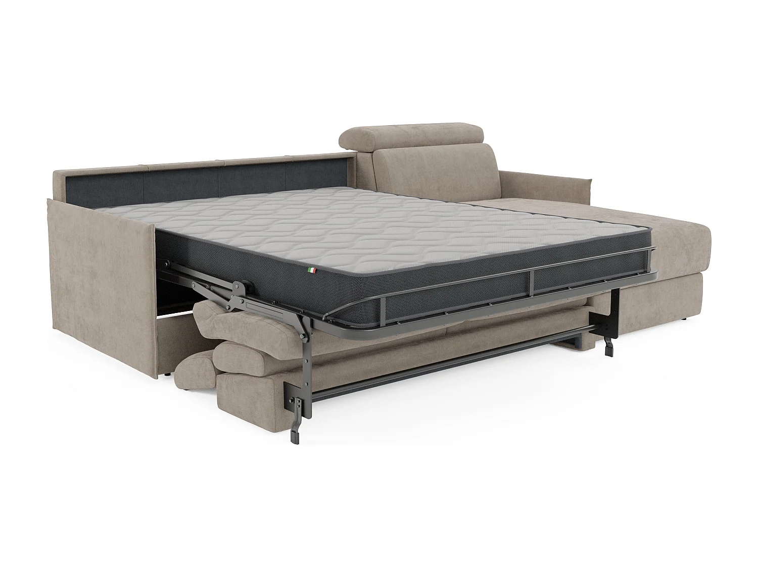 Miryam Ecksofa mit Matratze mit verstellbaren Kopfstützen aus weichem, fleckenabweisendem Stoff T31 272 cm links graubeige
