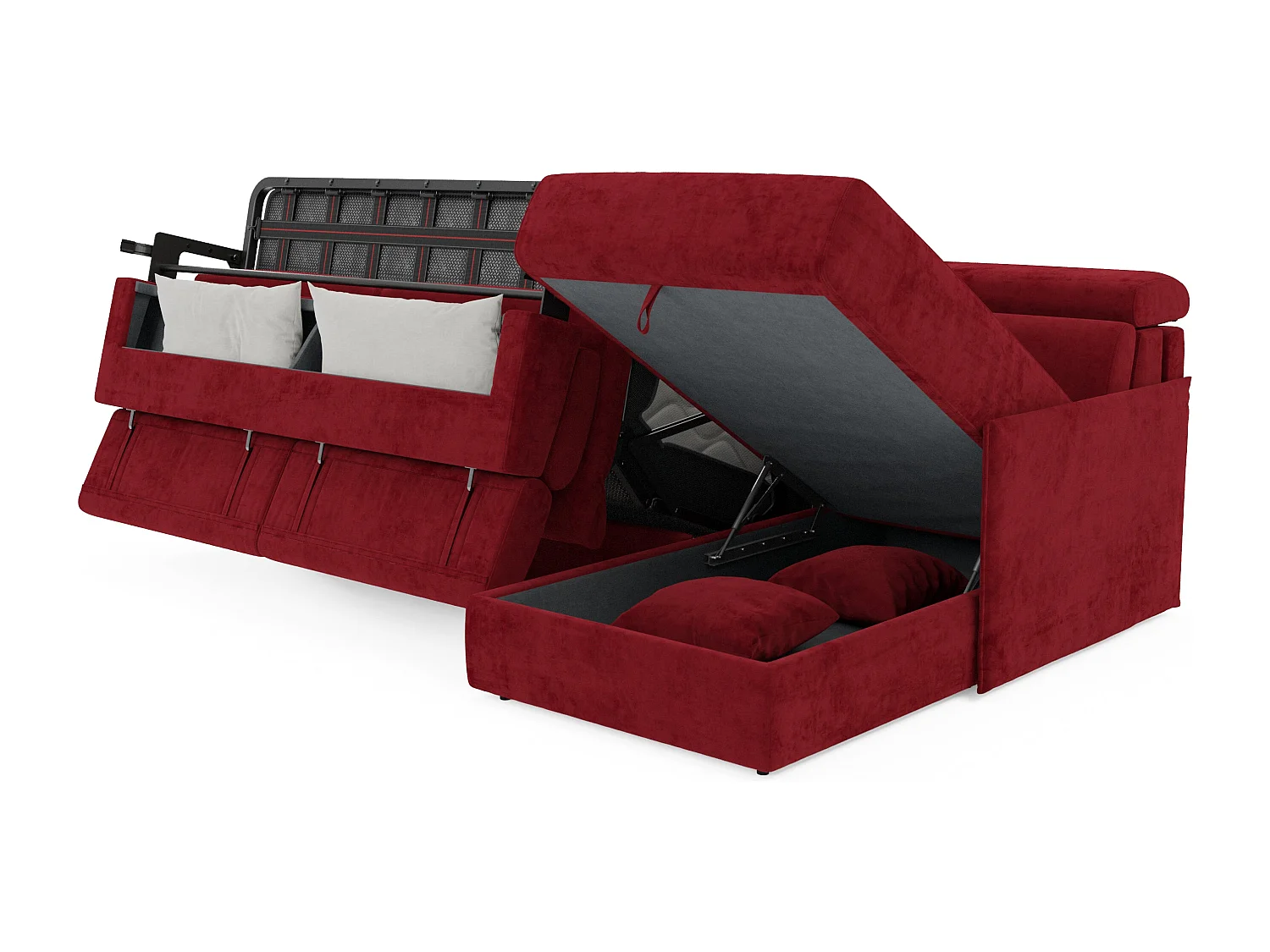 Miryam divano letto angolare compatto - poggiatesta reclinabili e penisola contenitore in tessuto smacchiabile T31 232 cm destro rosso