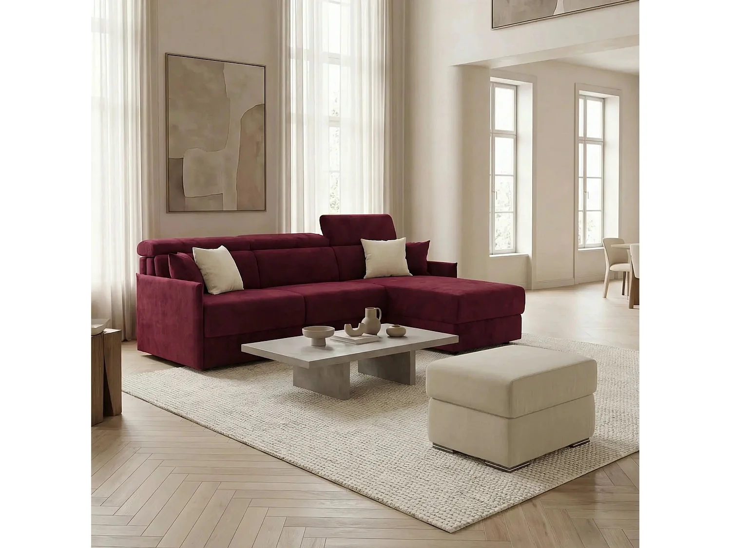 Miryam divano letto angolare compatto - poggiatesta reclinabili e penisola contenitore in tessuto smacchiabile T31 232 cm destro rosso