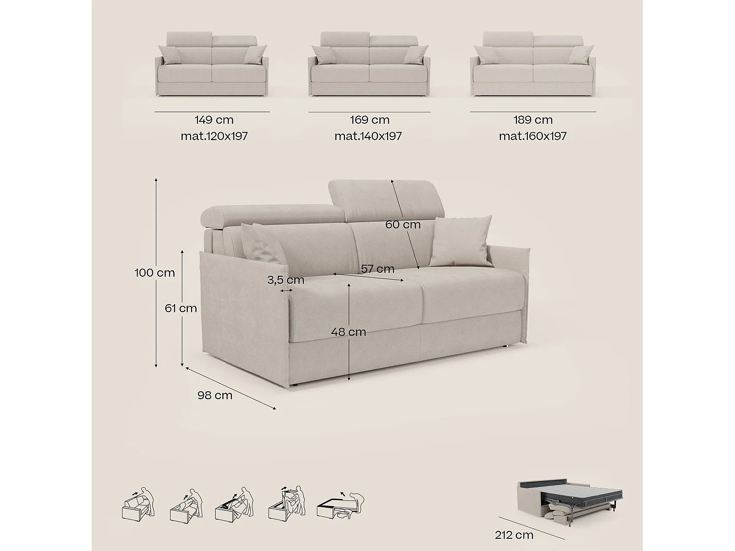Miryam Schlafsofa mit Matratze mit verstellbaren Kopfstützen aus weichem, fleckenabweisendem Stoff T31 149 cm braun