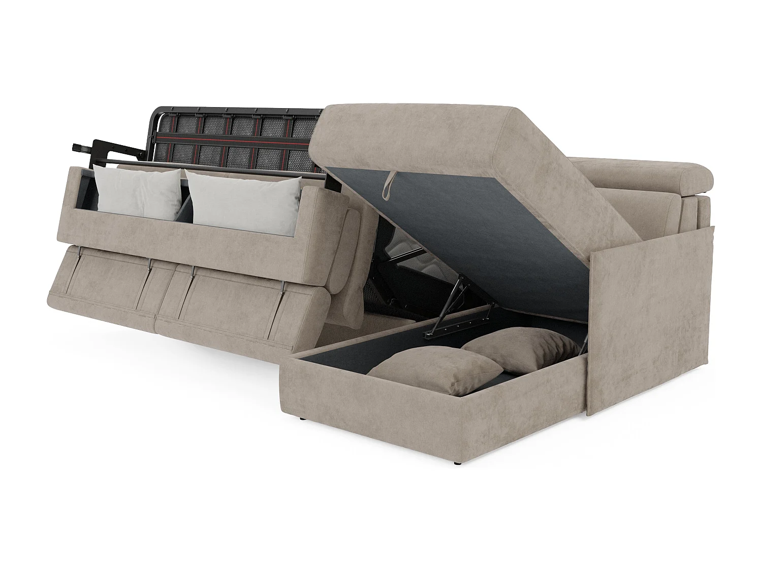 Miryam Ecksofa mit Matratze mit verstellbaren Kopfstützen aus weichem, fleckenabweisendem Stoff T31 252 cm links graubeige