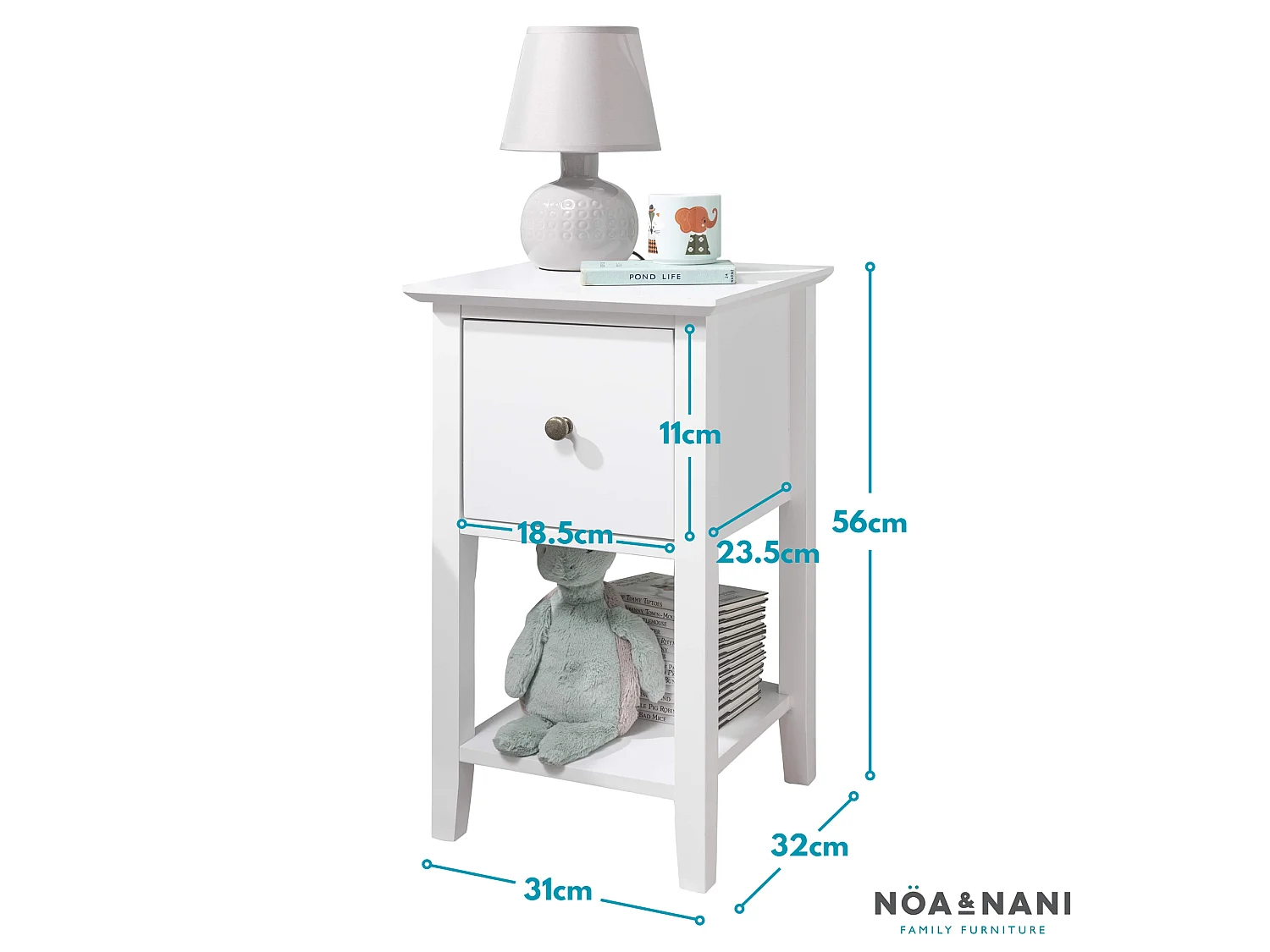 Noa & Nani Asora Twin Pack Bedside Table with Drawer in White