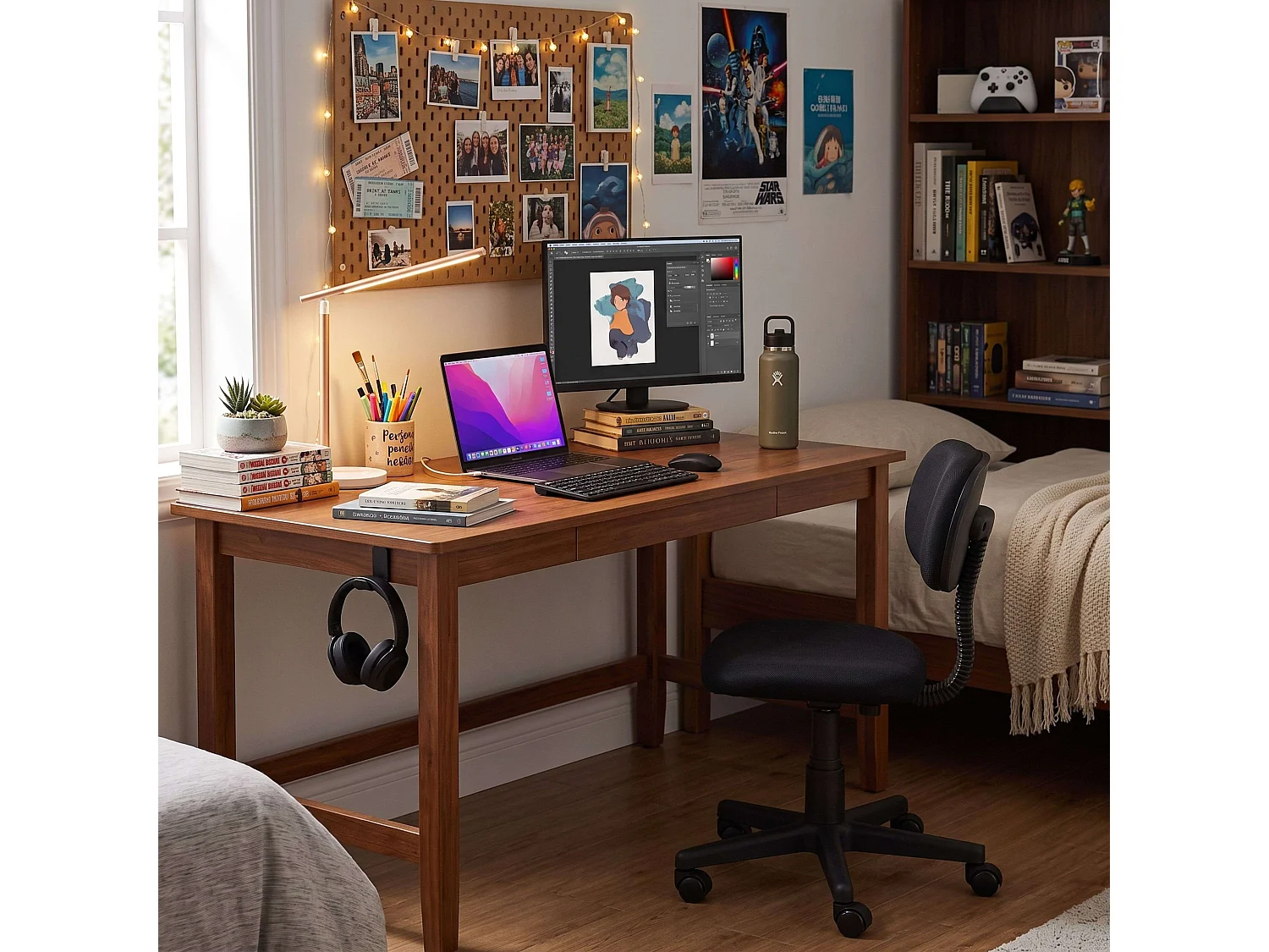 Chaise d'étude pivotante noire Blacy, hauteur réglable, pour chambre de jeunes