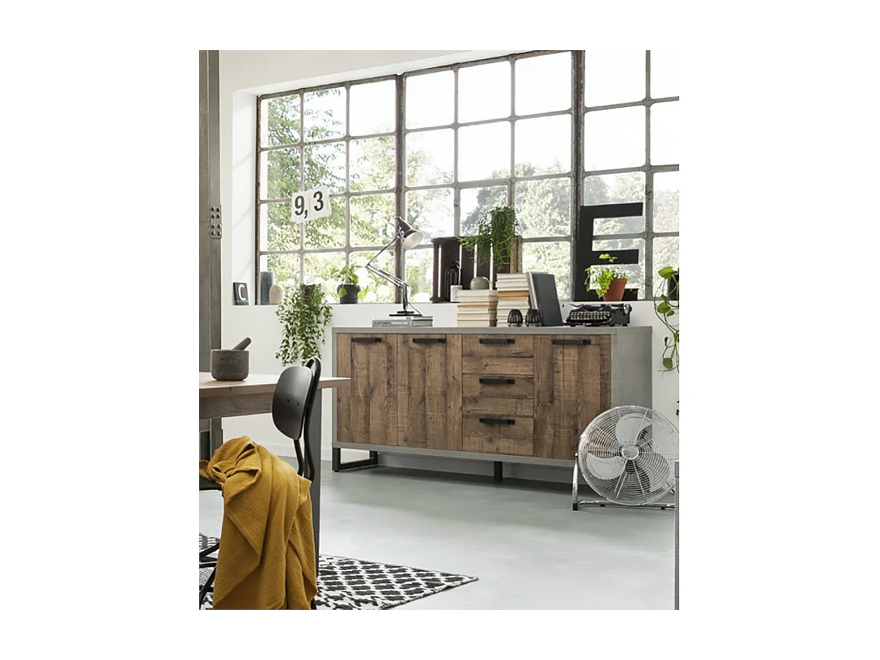 Buffet 184 cm 3 portes 3 tiroirs décor bois vieilli et gris - BROOKLYN