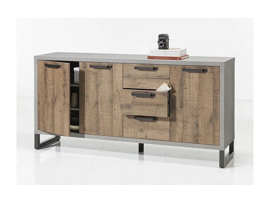 Buffet 184 cm 3 portes 3 tiroirs décor bois vieilli et gris - BROOKLYN