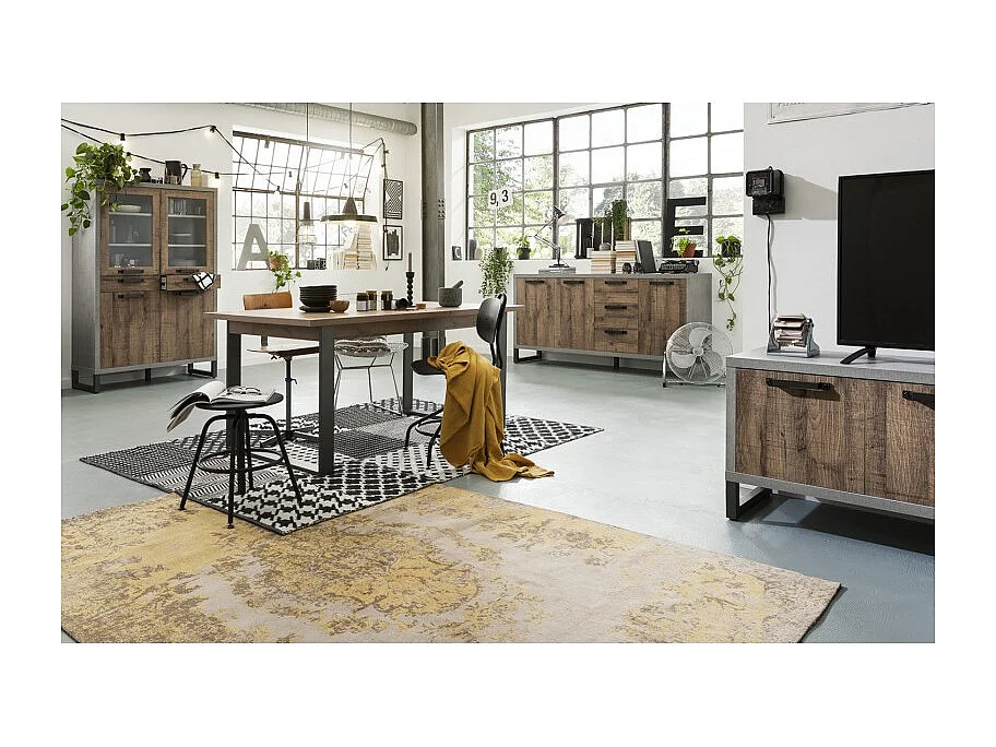 Buffet 184 cm 3 portes 3 tiroirs décor bois vieilli et gris - BROOKLYN