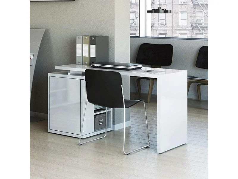 Bureau 140 cm blanc laqué avec rangements - SNOW