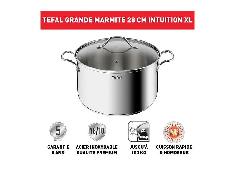 TEFAL B8646404 Marmite 28 cm inox, Tous feux dont induction, Garantie 5 ans, Poignées robustes, Couvercle verre, Intuition XL
