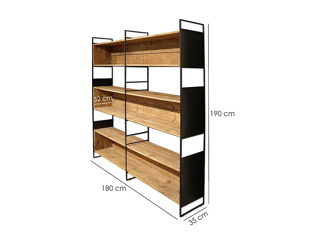 Bibliothèque filaire 6 étagères bois recyclé et métal noir - CABANON