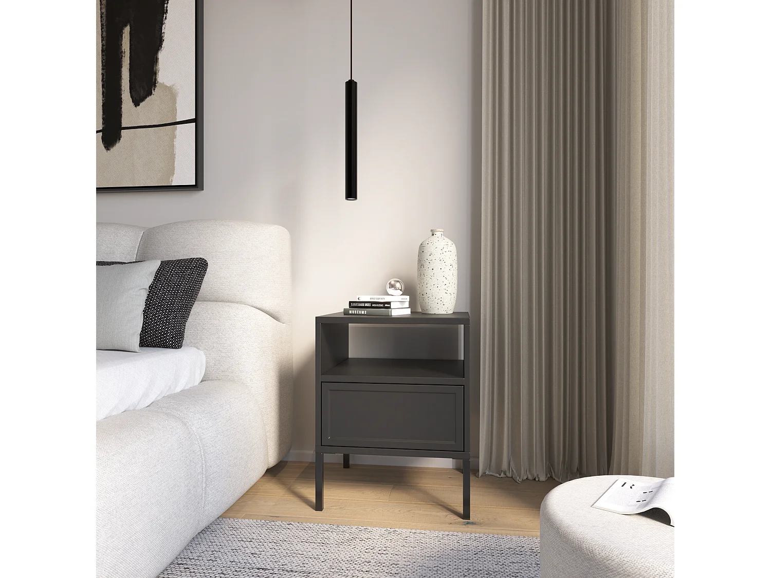 Nachtkastje met lade en open vak - 45 cm - zwart - VELVETO