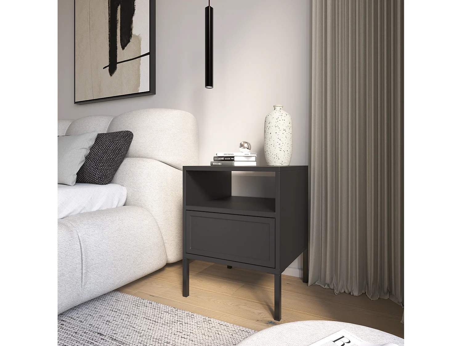 Nachtkastje met lade en open vak - 45 cm - zwart - VELVETO