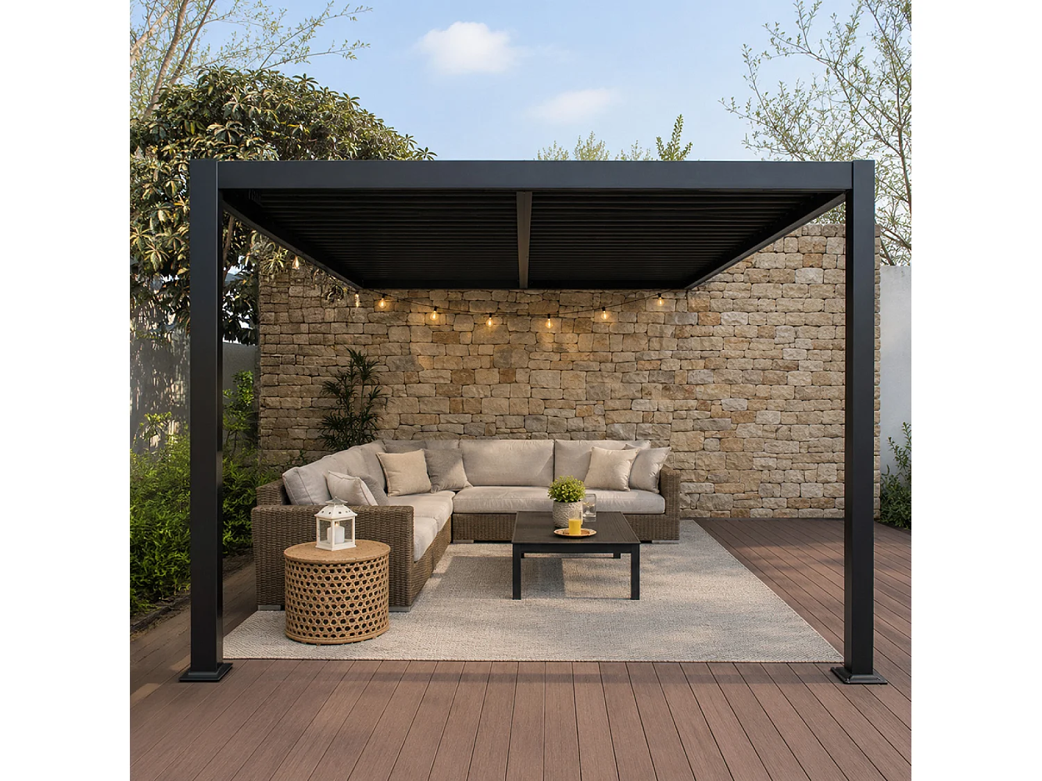 Pergola bioclimatique 4x3m adossée en aluminium noir SIFNOS