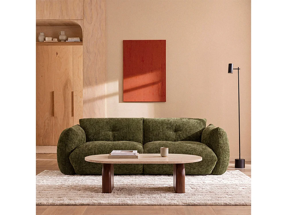 Bocca - Canapé droit 3 places en tissu à dossier capitonné - Vert olive