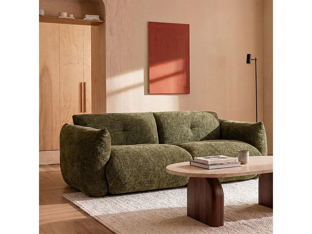 Bocca - Canapé droit 3 places en tissu à dossier capitonné - Vert olive